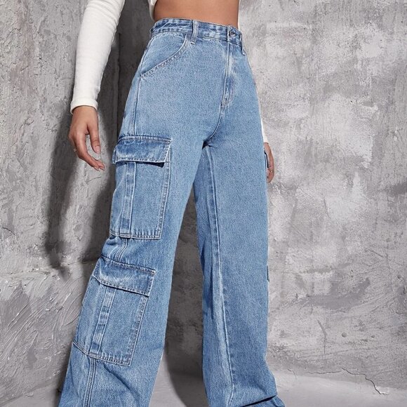 Blue Casual Womens Zipper Fly Flap Pocket Boyfriend Jeans - Picture 5 of 5